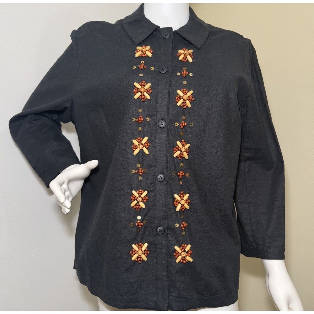 Requirements Black Linen Rayon Beaded Button Front Shirt Women’s XL 16